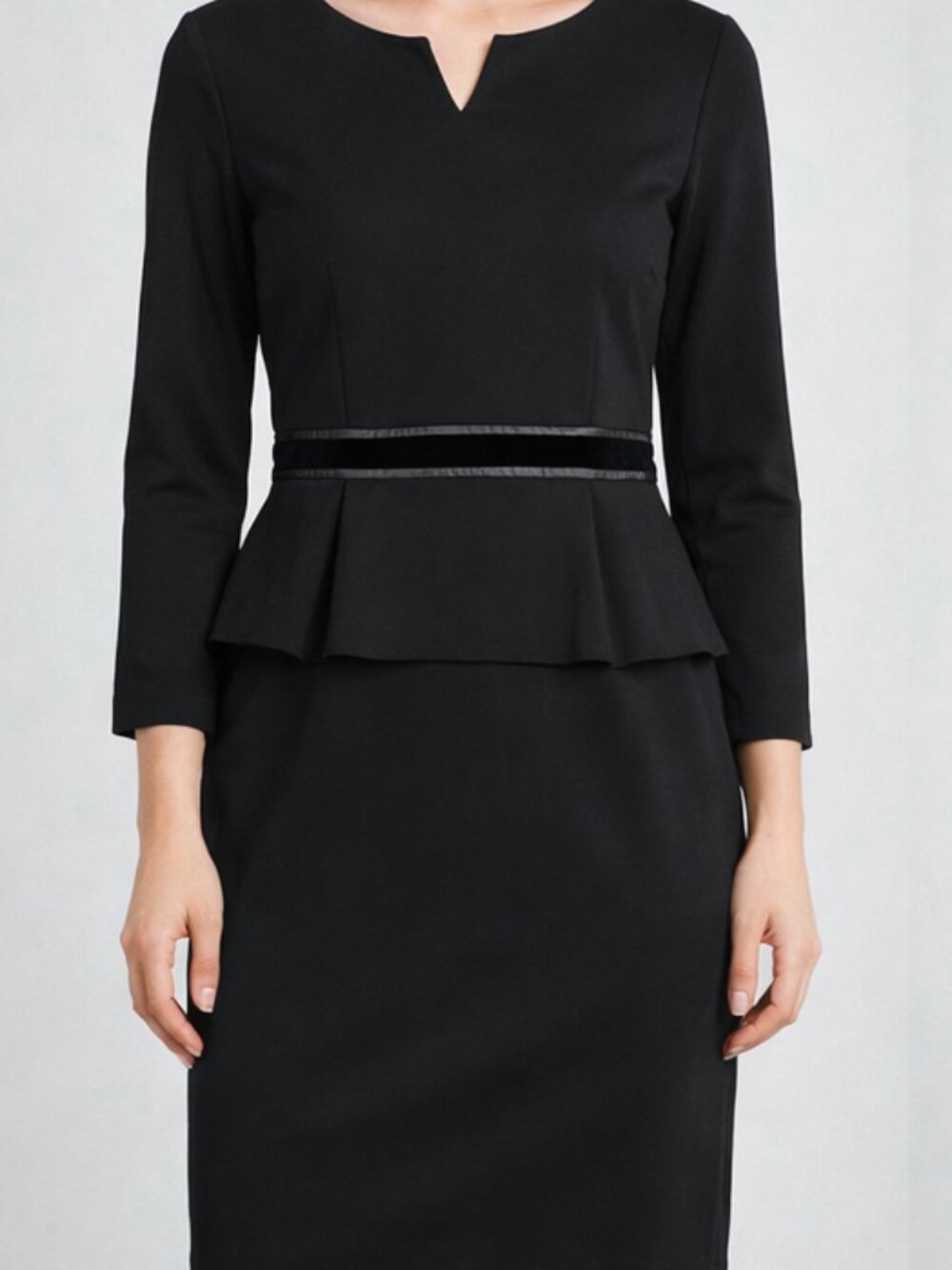 Misslook Black Sheath Dress Long Sleeve Peplum Velvet Waist Knit Size 10 NEW